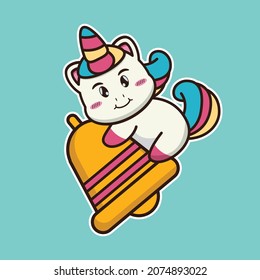 vector illustration of cute unicorn hug big bell suitable for children's books, birthday cards, valentine's day.