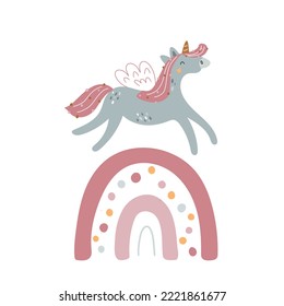 Vector illustration with a cute unicorn jumping on a rainbow on a white background for nursery and textile decoration