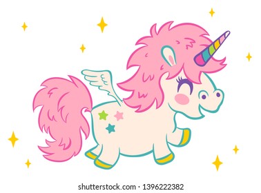 Vector illustration of a cute unicorn in kawaii style. Cute unicorn with stars