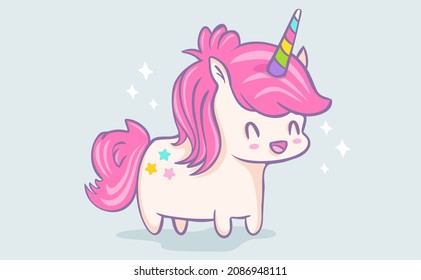 Vector illustration of a cute unicorn in kawaii style. Cute unicorn with stars in chibi style.