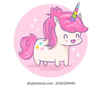 Vector illustration of a cute unicorn in kawaii style. Cute unicorn with stars in chibi style.