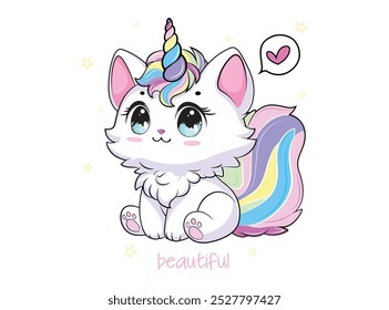 Vector illustration, cute unicorn kitten . Design for printing on shirt, poster, banner. White text on pink background. Lovely print for t-shirt