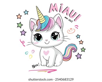 Vector illustration, cute unicorn kitten surrounded by stars. Design for printing on shirt, poster, banner. White text on pink background. Lovely print for t-shirt, abstract image.