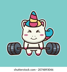 vector illustration of cute unicorn lifting barbell suitable for children's books, birthday cards, valentine's day.
