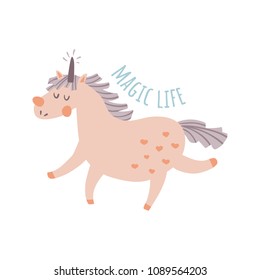 vector illustration, cute unicorn and magic life text