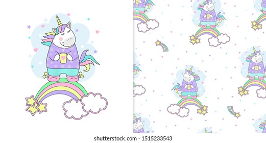 Vector illustration of a cute unicorn magic with a Cup of coffee and a rainbow. Children's print on the shirt and seamless pattern. 