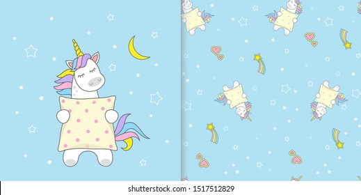 Vector illustration of a cute unicorn magic and a rainbow. Good night postcard . Children's print on the T-shirt and seamless pattern. 