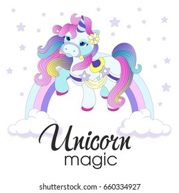 Vector illustration with cute unicorn. Magic card with the little unicorn.