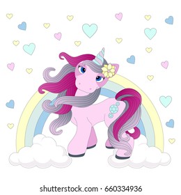 Vector illustration with cute unicorn. Magic card with the little unicorn.