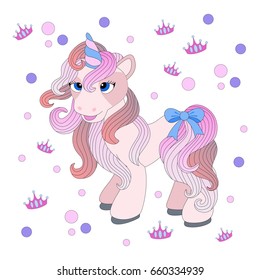 Vector illustration with cute unicorn. Magic card with the little unicorn.