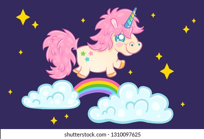 Vector illustration of a cute unicorn on night sky. Cute unicorn with rainbow and stars