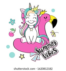 Vector illustration with cute unicorn on a pink flamingo and the inscription summer vibes on a white background