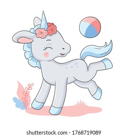 Vector illustration of a cute unicorn in pink, blue and gray colors, with a wreath of flowers on its head, playing with the ball.
