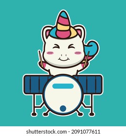  vector illustration of cute unicorn playing drum, suitable for children's books, birthday cards, valentine's day