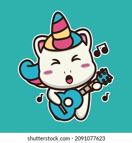 vector illustration of cute unicorn playing ukulele, suitable for children's books, birthday cards, valentine's day