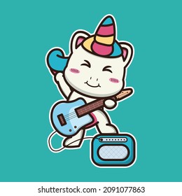 vector illustration of cute unicorn playing electric guitar, suitable for children's books, birthday cards, valentine's day