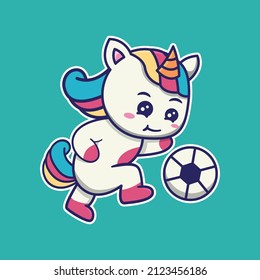 vector illustration of cute unicorn playing soccer suitable for children's books, birthday cards, valentine's day.