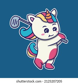 vector illustration of cute unicorn playing golf, suitable for children's books, birthday cards, valentine's day