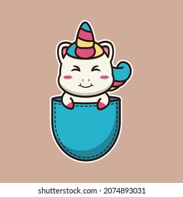 vector illustration of cute unicorn in the pocket suitable for children's books, birthday cards, valentine's day.