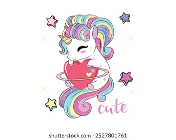 Vector illustration, cute unicorn posing . Design for printing on shirt, poster, banner. White text on pink background. Lovely print for t-shirt