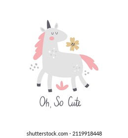 Vector Illustration, Cute Unicorn Print, Little Flowers And Oh, So Cute Hand Lettering Text, Adorable Image For Baby Girls