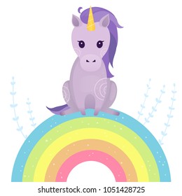 Vector illustration with cute unicorn and rainbow. Vector design isolated on white background. Print for t-shirt or sticker. Sweet hand drawing illustration for children.
