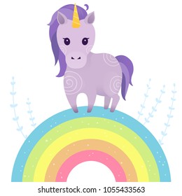 Vector illustration with cute unicorn and rainbow. Vector design isolated on white background. Print for t-shirt or sticker. Sweet hand drawing illustration for children.