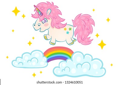 Vector illustration of a cute unicorn with rainbow in kawaii style. Unicorn on clouds with rainbow
