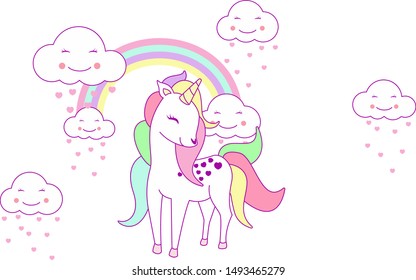 Vector illustration of a cute unicorn with rainbow in kawaii style. Unicorn on clouds with rainbow