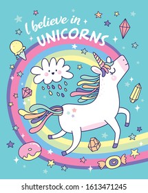 Vector illustration of a cute unicorn with rainbow background, magical elements and text "I believe in Unicorn"