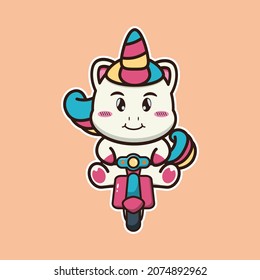 vector illustration of cute unicorn riding motorcycle suitable for children's books, birthday cards, valentine's day.