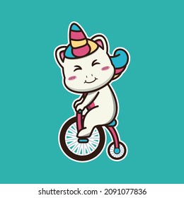 vector illustration of cute unicorn riding a circus bike, suitable for children's books, birthday cards, valentine's day