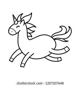 Vector illustration of cute unicorn running and jumping happily in black and white