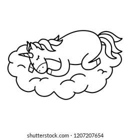 Vector illustration of cute unicorn sleeping on cloud in black and white
