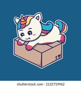 vector illustration of cute unicorn sleeping on cardboard, suitable for children's books, birthday cards, valentine's day
