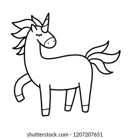 Vector illustration of cute unicorn standing proud in black and white