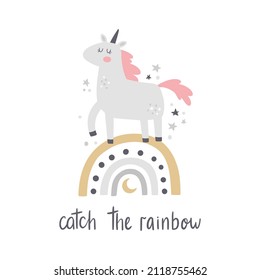 vector illustration of a cute unicorn standing on a modern boho baby style rainbow and hand lettering catch the rainbow text, adorable print for kids related products and nursery designs