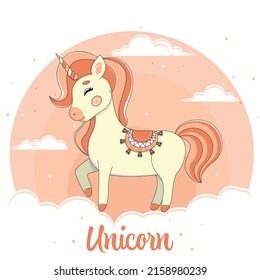 Vector illustration of a cute unicorn, unicorn standing on a cloud, cartoon unicorn character vector	