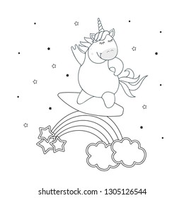 Vector illustration of cute unicorn surfer, sweet magic with unicorn.  Vector illustration lines for coloring.Isolated on white background.