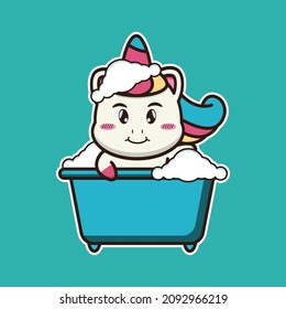 ilustración vectorial de unicornio lindo tomando un baño, adecuado para libros infantiles, tarjetas de cumpleaños, día de San Valentín.