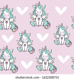 Vector illustration with cute unicorn and white hearts seamless pattern on a pink background