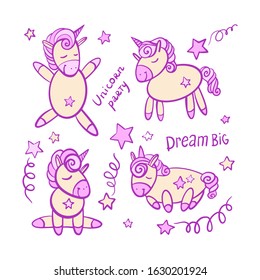 Vector illustration of cute unicorns. Cartoon hand draw style.