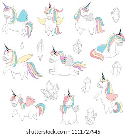 Vector illustration of cute unicorns in different poses and crystals.