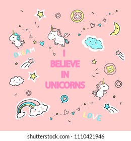 Vector illustration of cute unicorns. Dreaming unicorn on rose background