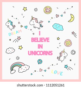 Vector illustration of cute unicorns. Dreaming unicorn on bright background