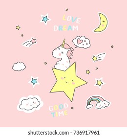Vector illustration of cute unicorns. Dreaming unicorn on rose background