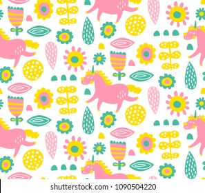 vector illustration, cute unicorns and flowers on white background