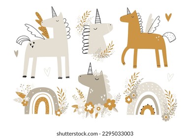 Ilustración vectorial de bonitos unicornios, flores, hojas y arcos sobre un fondo blanco. Conjunto de recortes de vectores. Estilo boho. Imprimir para invitaciones de cumpleaños, ducha de bebé, ropa, textiles, productos para niños.