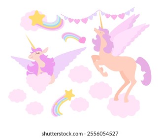 Vector illustration of a cute unicorn.Unicorn set stars, heart, clods,rainbow.Isolated on white background.Vector background, postcard, party invitation.