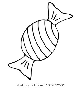 Vector illustration. Cute unpainted candy in a striped wrapper isolated on a white background. Hand drawn simple doodle clipart in a trendy minimalism style. For menu, food banner, logo, card, pattern